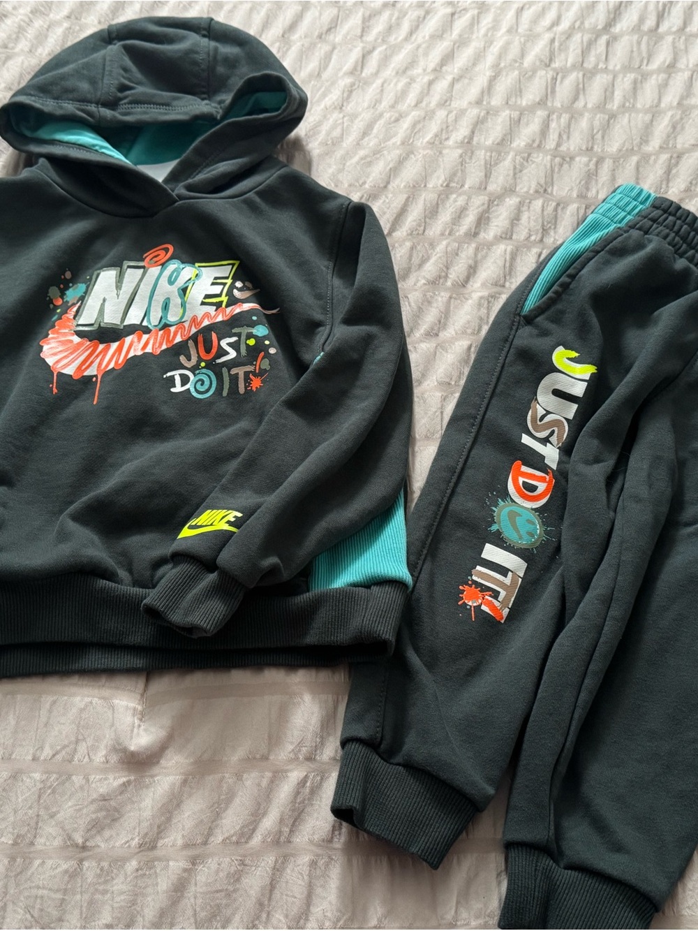 Nike Black & Teal Kids Hoodie and Joggers Set with Neon Accents